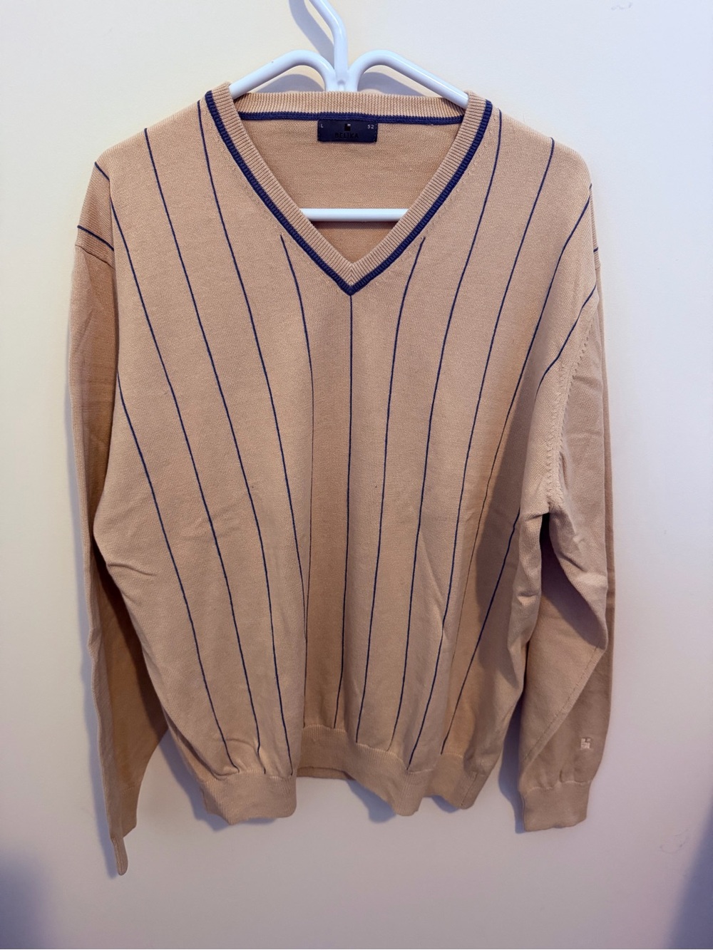 Men's V-Neck Pinstripe Sweater in Beige